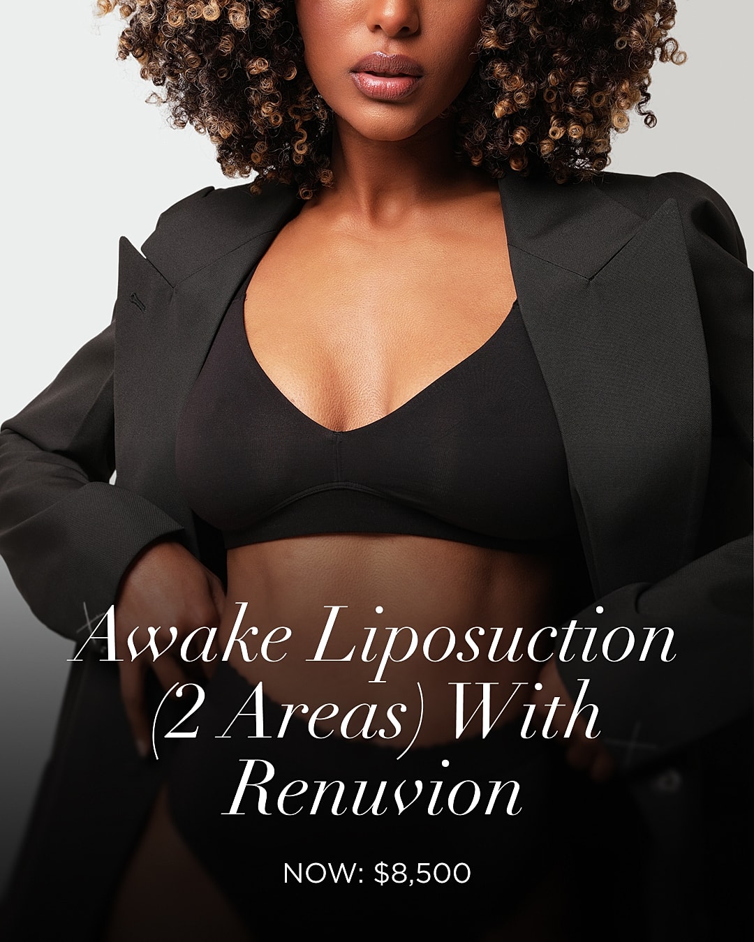 Awake liposuction promotion with model showcasing treatment.